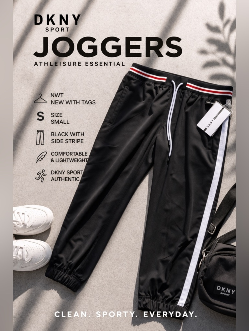 DKNY Sport Joggers Small Black Side Stripe Athleisure Track Pants NWT
